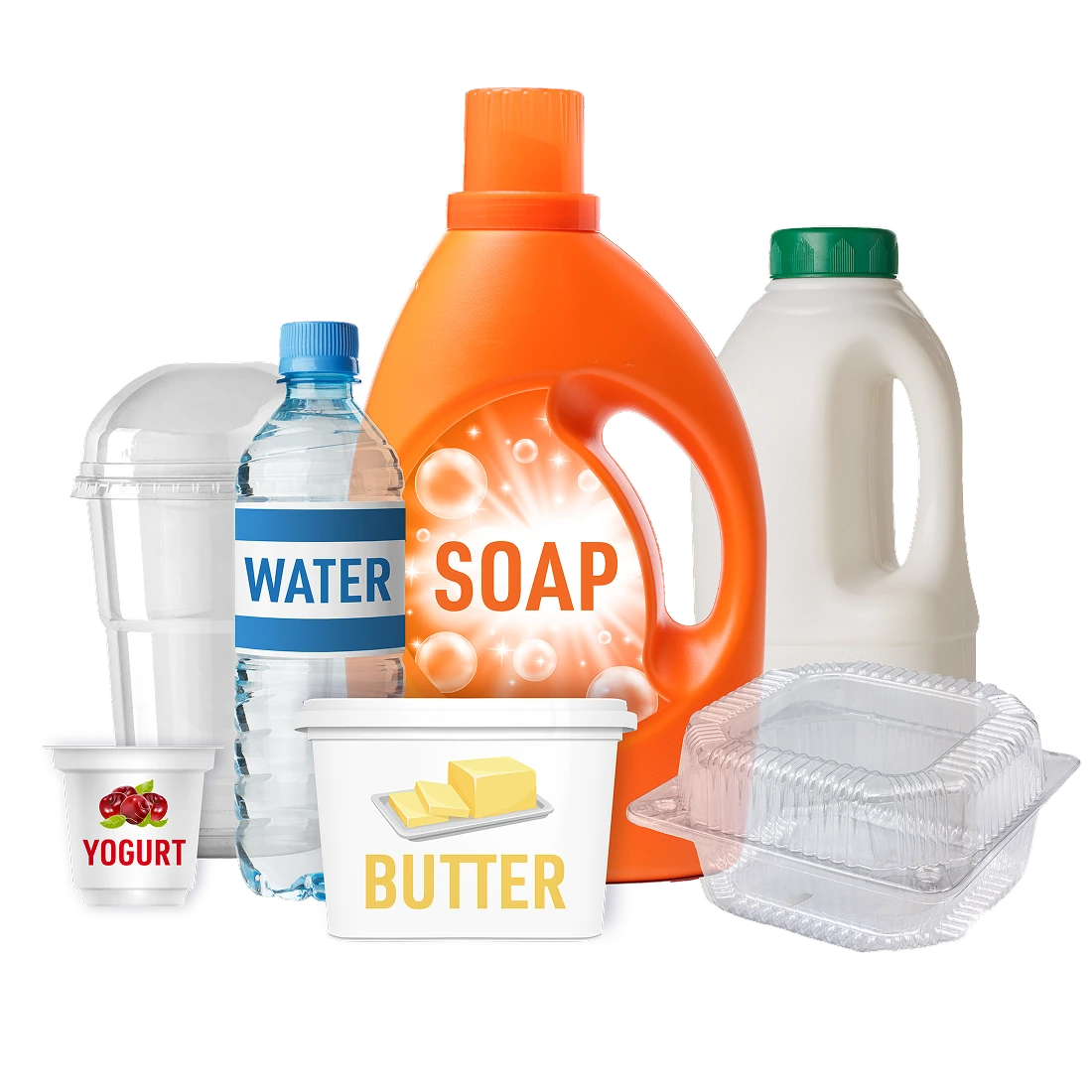 Plastic bottles, tubs, and containers