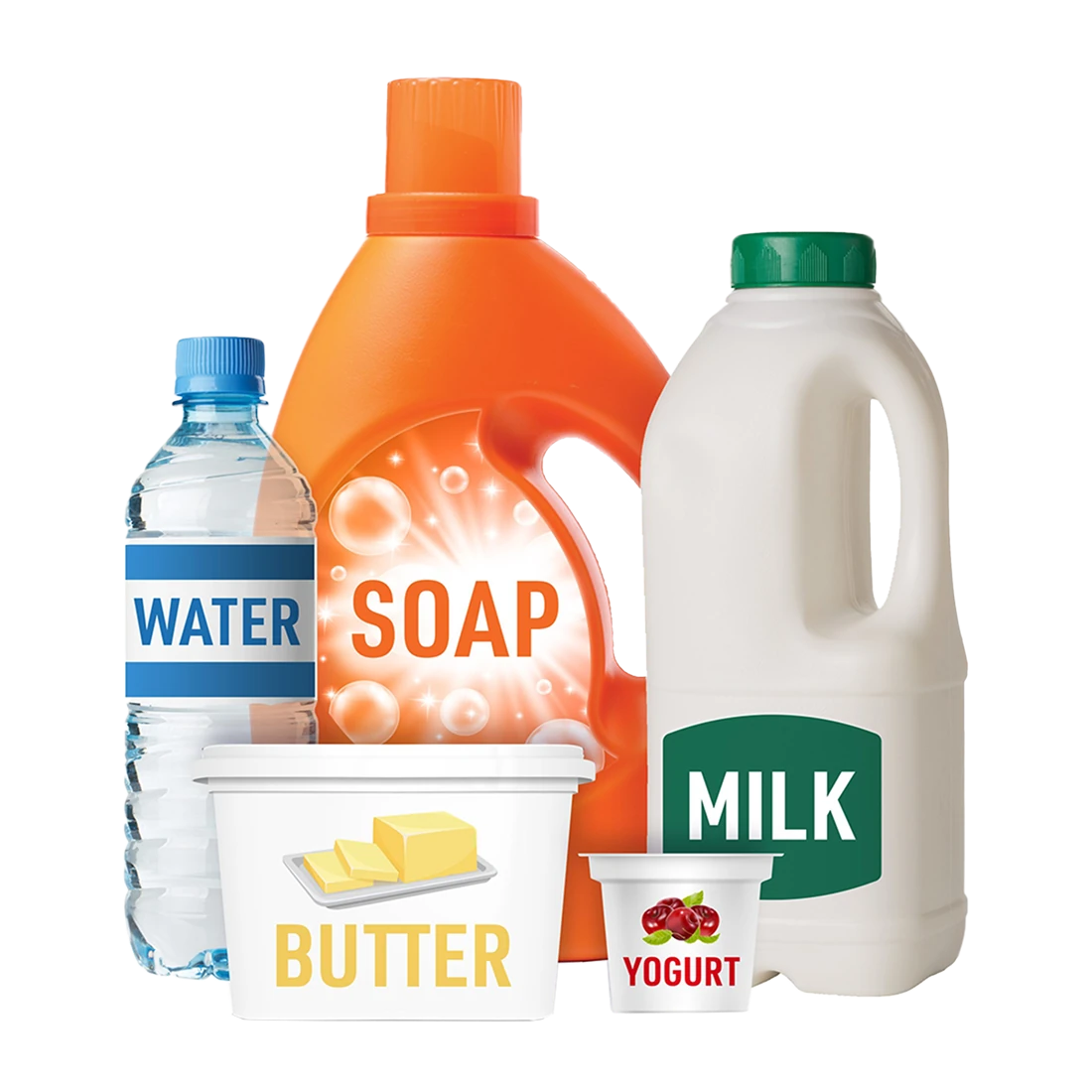 Plastic bottles and tubs